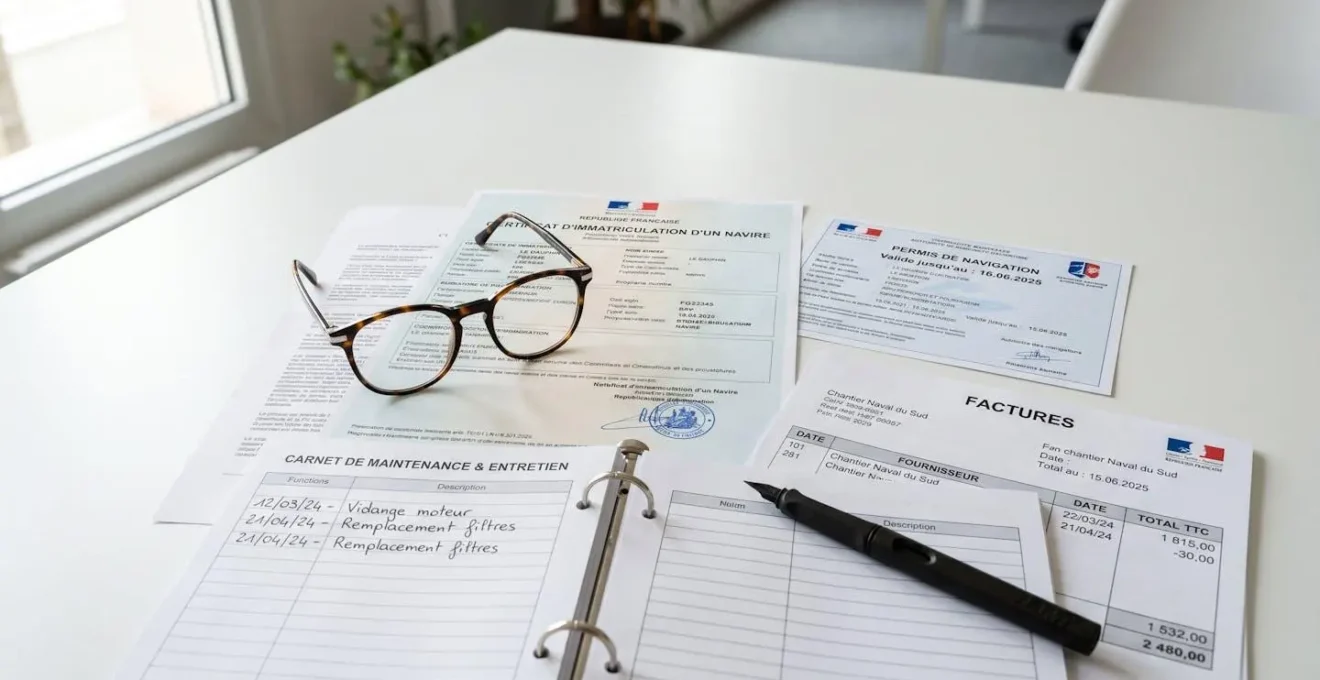 Documents administratifs maritimes étalés sur une table : certificat d'enregistrement, certificat de navigation, carnet d'entretien et factures, avec des lunettes et un stylo suggérant une analyse minutieuse