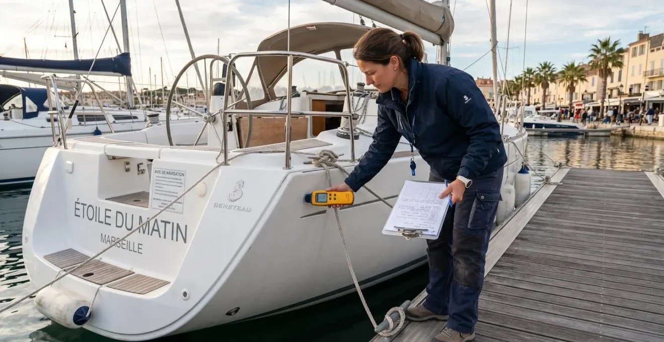Un expert maritime en polo technique examine la coque d'un yacht à quai avec un humidimètre et un carnet de notes