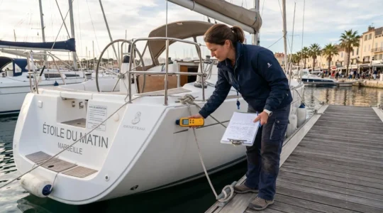 Un expert maritime en polo technique examine la coque d'un yacht à quai avec un humidimètre et un carnet de notes