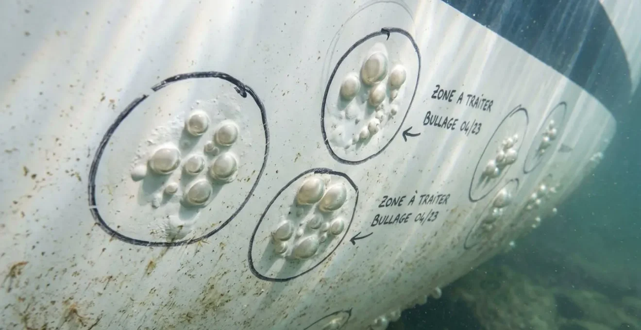 Gros plan sur la coque d'un yacht montrant des bulles d'osmose visibles sous la ligne de flottaison avec des marquages au feutre effectués par un expert